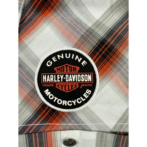 Harley Davidson Button Up Shirt L Plaid Orange Gray Short Sleeve Motorclothes - Picture 4 of 10